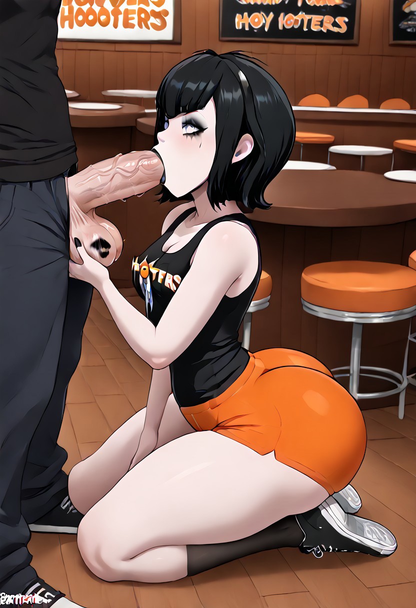 1girl 1girl1boy ai_generated areola big_ass big_ass big_breasts black_choker black_eyeshadow black_hair black_lipstick black_lipstick_mark_on_balls black_lipstick_mark_on_penis black_nail_polish black_toenail_polish blowjob_face blue_eyes blush bob_cut curvy enjoying_giving_oral erect_nipples eyelashes fellatio female_only fringe goth_makeup hands_on_balls hooters hooters_uniform horny_face horny_female horny_girl hotel_transylvania kneel kneeling_on_floor kneeling_oral_position mavis_dracula nipples orange_shorts owl_logo pale_skin partially_clothed_female partially_clothed_male public public_sex restaurant short_hair short_shorts sony_pictures_animation thick_thighs vampire vampire_girl white_fur wide_hips zoolt