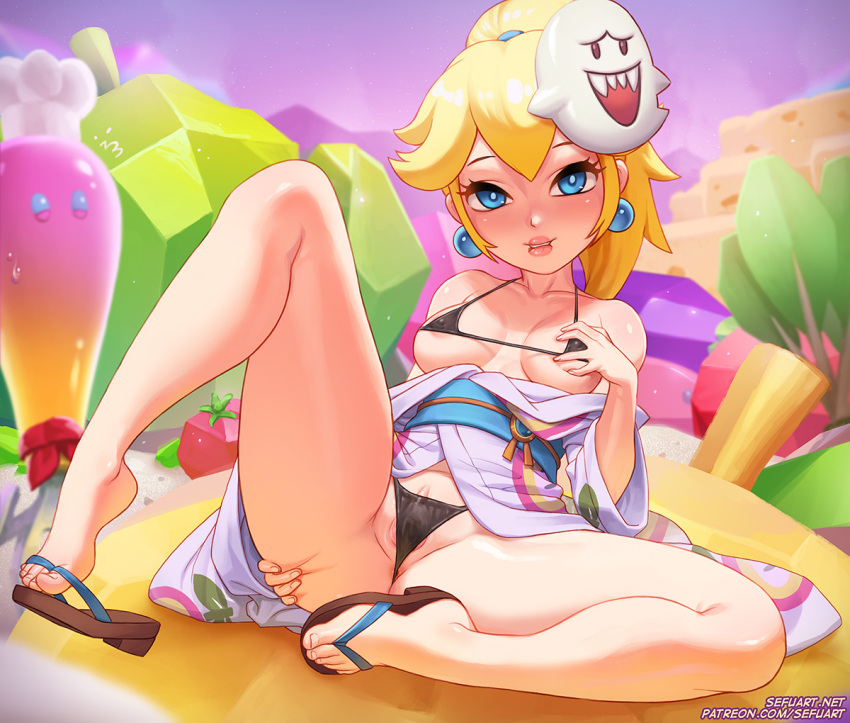 1girl 2018 areola ass background_character bikini biting_lip blonde_hair blue_eyes blush bra breast_grab breasts cameltoe cleavage clothing covered_nipples earrings eyelashes eyes feet female_focus hand_on_ass hand_on_breast headwear high_res japanese_clothes kimono laying legs_apart looking_at_viewer mario_(series) medium_breasts micro_bikini nintendo nipples ponytail princess_peach pussy robe sandals sefuart shoe_dangle sitting skimpy spread_legs super_mario_odyssey zouri