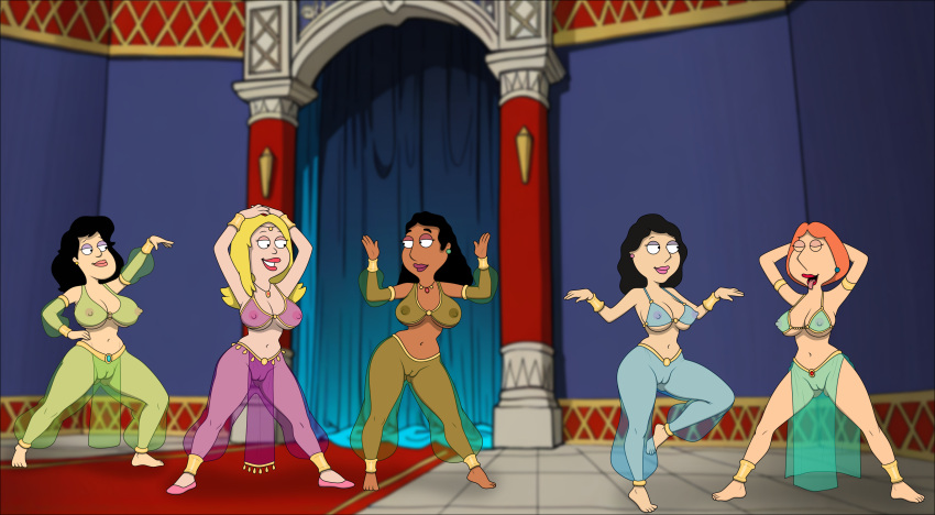 5girls american_dad arabian_clothing arabian_female arabic_dance big_breasts big_pussy black_hair blonde_hair bonnie_swanson cameltoe dancing erect_nipples family_guy francine_smith gender_bender genderswap genderswap linda_memari lois_griffin nipples orgy pussy red_hair sexfightfun stan_smith striptease transparent_clothing tsf yuri