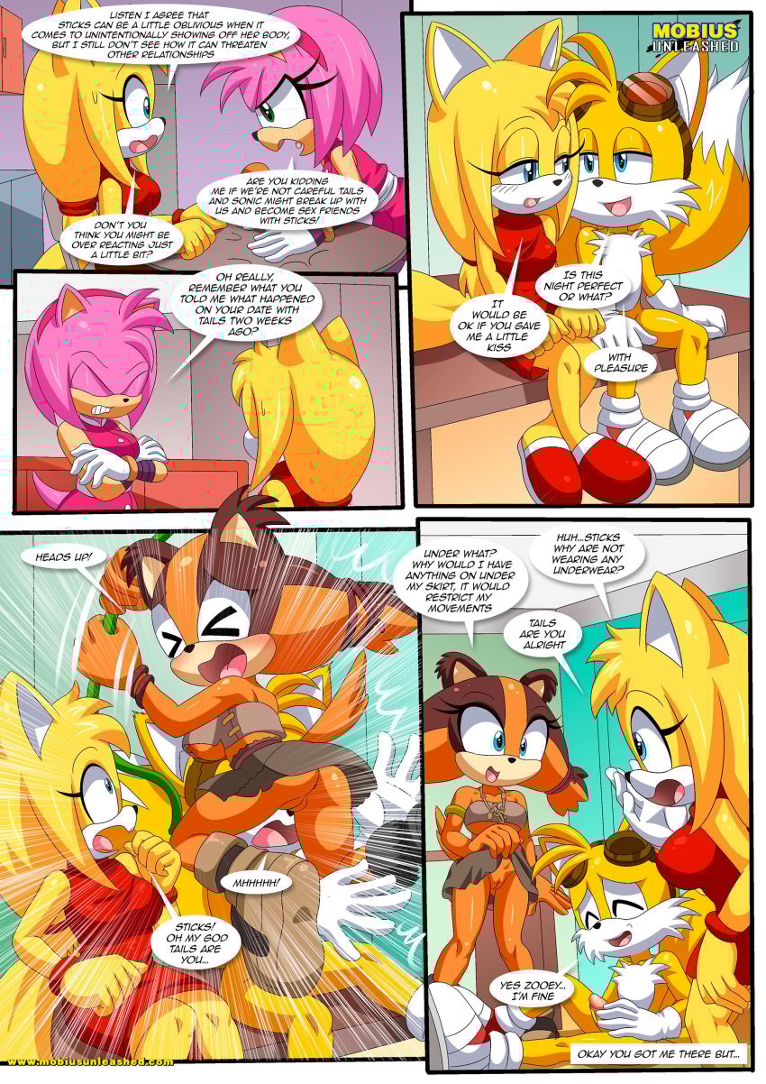 amy_rose anthro anus ass bbmbbf blush bottomless breasts comic dialogue erection male male/female miles_"tails"_prower miles_tails_prower mobian_(species) mobius_unleashed nipples palcomix penis pussy releasing_your_inner_wild_side_(comic) sega sonic_boom sonic_the_hedgehog_(series) speech_bubble sticks_the_badger sticks_the_jungle_badger tails tails_the_fox zooey_the_fox