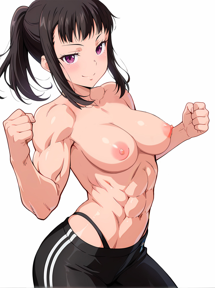 big_breasts black_hair enen_no_shouboutai fire_force long_hair looking_at_viewer maki_oze muscle_girl nekom14 nipples no_bra ponytail purple_eyes topless