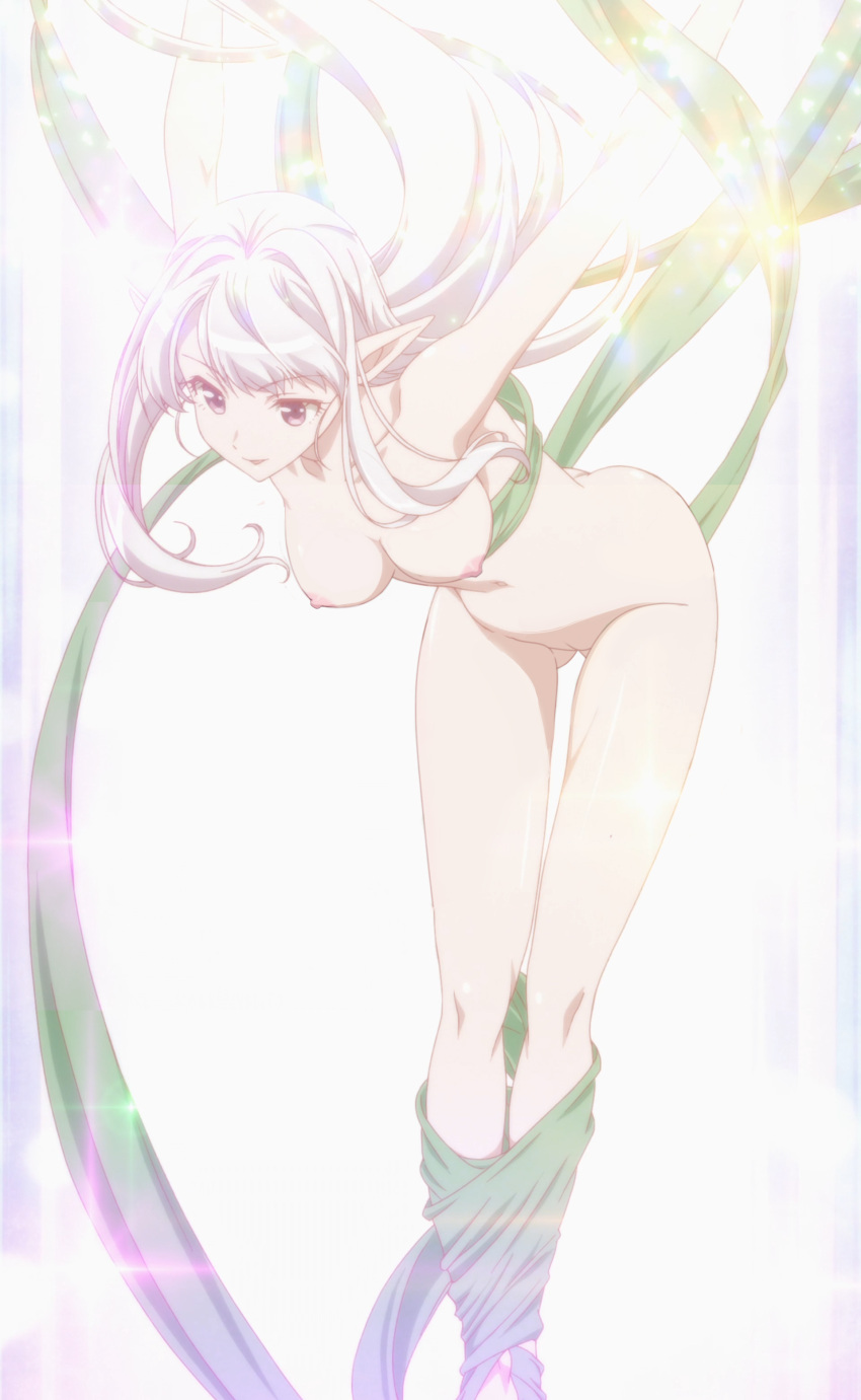big_breasts edit elf_ears elf_girl full_body long_hair mariabelle_(elf-san) nekom14 nihon_e_youkoso_elf-san. nipples purple_eyes pussy screencap white_hair