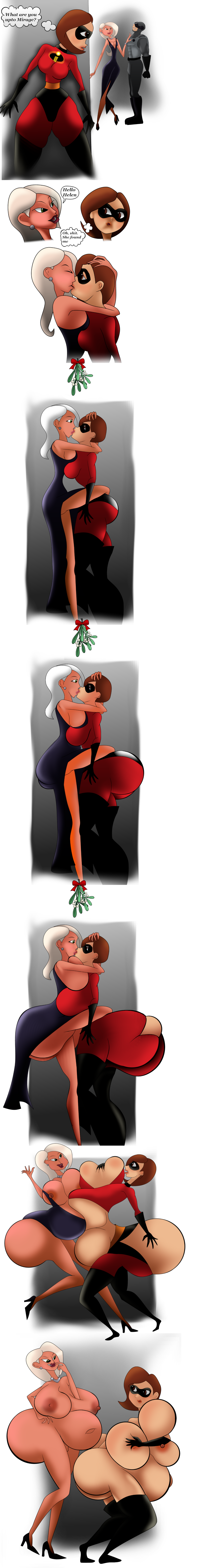 2_girls absurd_res bodysuit breast_expansion brown_hair butt_expansion christmas disney helen_parr kissing mask mirage_(the_incredibles) mistletoe surprised swinbop tearing_clothes the_incredibles white_hair yuri