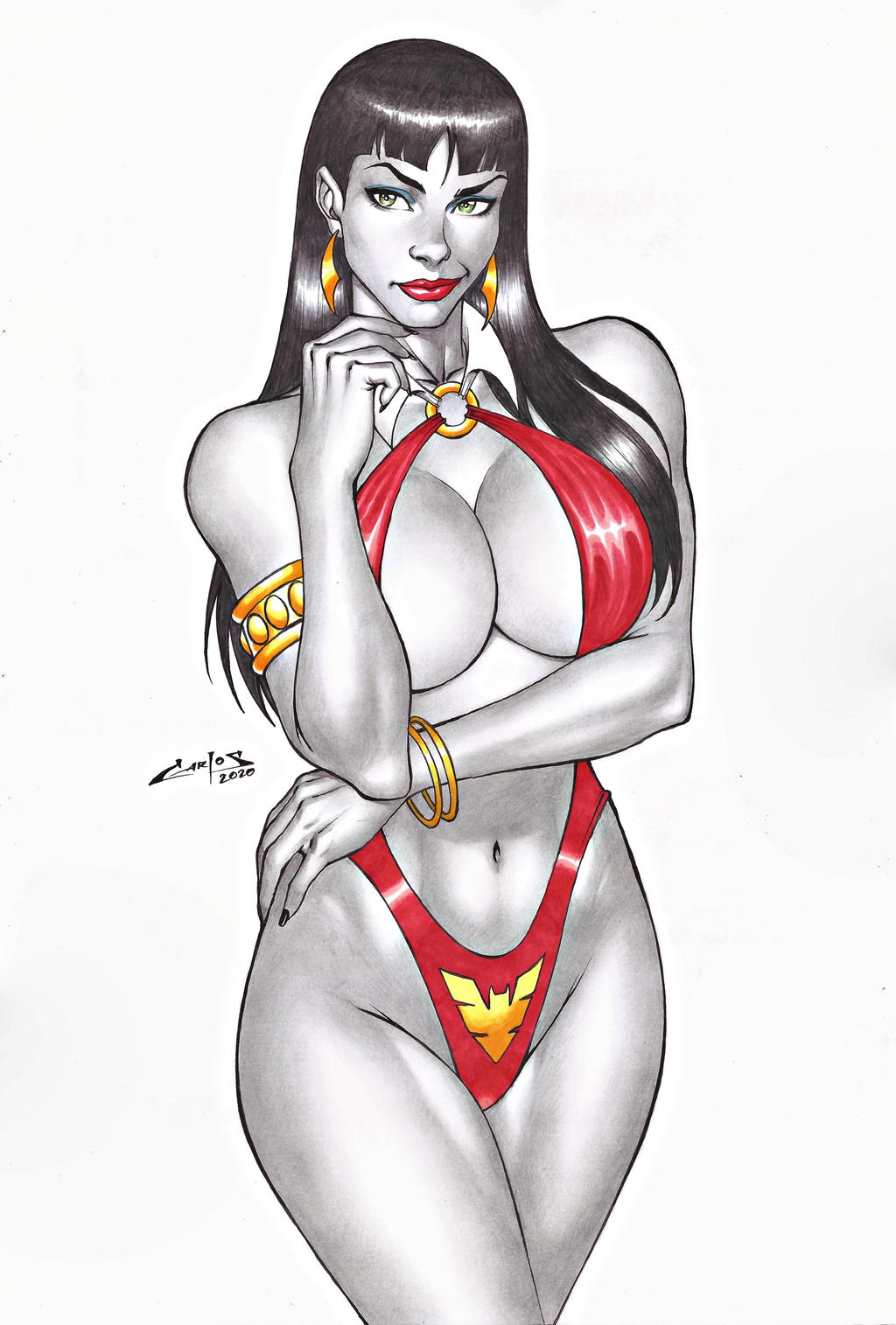 1girl armlet bangs bare_legs bare_shoulders big_breasts bikini black_hair black_nails blue_eyeshadow blunt_bangs bracelet breasts carlos_braga cleavage closed_mouth collarbone crossed_legs crossed_legs_(standing) detached_collar dynamite_comics earrings eyeshadow female_only female_solo green_eyes hand_up jewelry legs lips lipstick long_hair looking_at_viewer makeup monster_girl mound_of_venus nail_polish naughty_face navel neck o-ring o-ring_bikini red_bikini red_lipstick red_swimsuit revealing_clothes simple_background sling_bikini smile standing straight_hair swimsuit thick_thighs thighs vampire_girl vampirella vampirella_(series) white_background