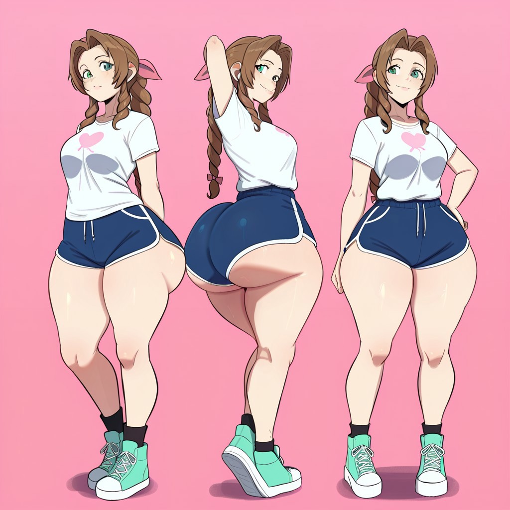 1girl aerith_gainsborough ai_generated ass big_ass big_breasts booty_shorts breasts dolphin_shorts final_fantasy fundoshilover101 huge_ass square_enix