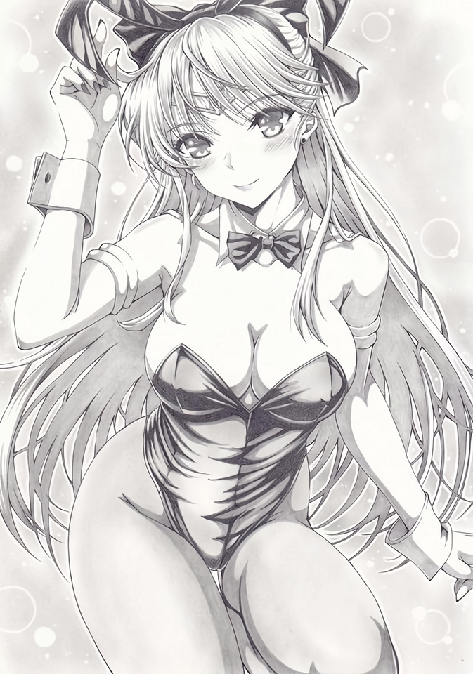 1girl 1girl alluring big_breasts bishoujo_senshi_sailor_moon bow cleavage detached_collar hair_bow leotard long_hair looking_at_viewer mikuro minako_aino monochrome playboy_bunny sailor_venus simple_background smile traditional_media very_long_hair wrist_cuffs