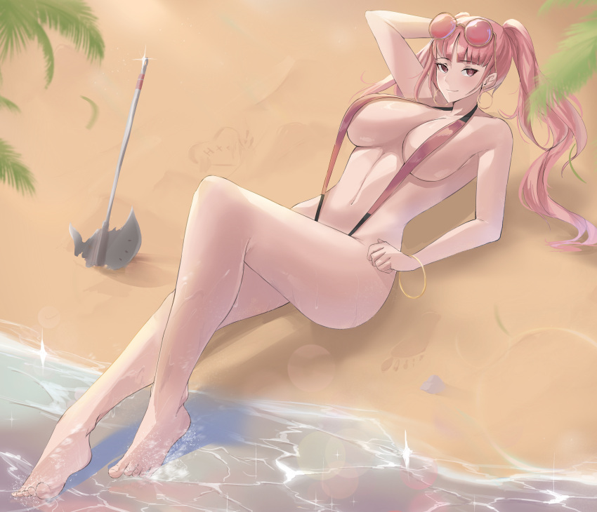 1girl alluring armwear axe beach big_breasts bracelet calmgreentori cleavage ear_piercing earrings feet female_only fire_emblem fire_emblem:_three_houses full_body hair hand_behind_head headwear high_res high_resolution hilda_valentine_goneril hoop_earrings intelligent_systems legs nintendo pin_up pink_eyes pink_hair pink_sling_bikini sand skimpy skimpy_bikini sling_bikini smile solo_female sunglasses sunglasses_on_head swimwear thighs twin_tails water weapon