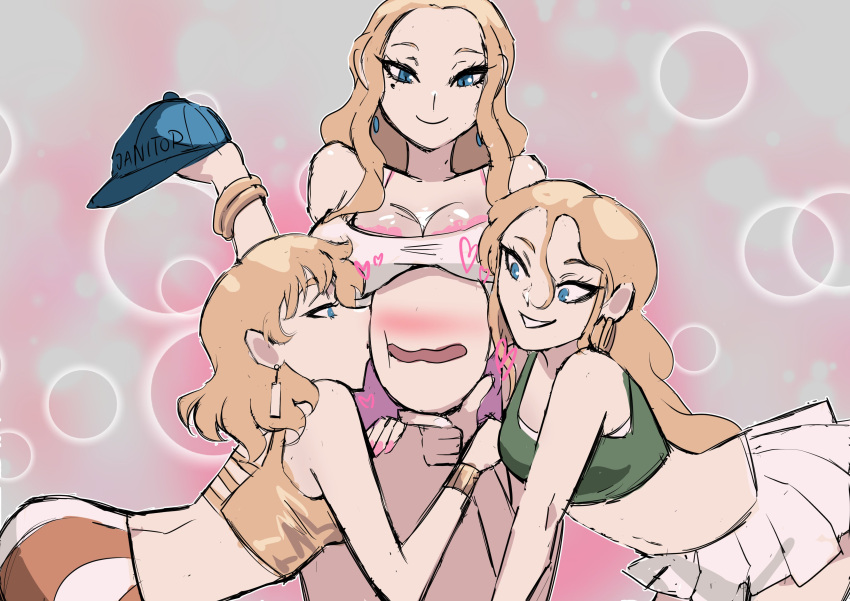1boy 1girl 3_girls ass barbara_(biku) bare_shoulders bella_(biku) big_breasts biku blonde_hair blue_earrings blue_eyes bra bra_peek bra_strap bracelet bracelets breasts breasts_on_head cap cleavage earrings hat hoop_earrings janitor kissing kissing_cheek long_hair male mole mole_under_eye navel original pink_bra pink_nails priss_(biku) purple_skirt short_hair short_skirt skirt striped_skirt white_skirt white_tank_top