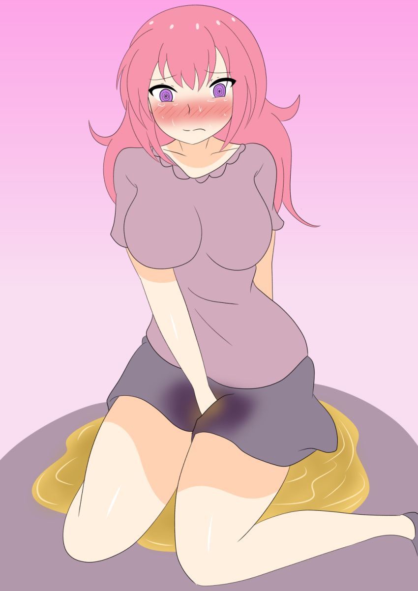 1girl 1girls @_@ big_breasts blush breasts embarrassed hand_between_legs izu95 long_hair omorashi original pee pee_puddle peeing peeing_self pink_hair puddle purple_eyes skirt stained_skirt sweat urination wet wet_skirt wetting wetting_self wetting_skirt