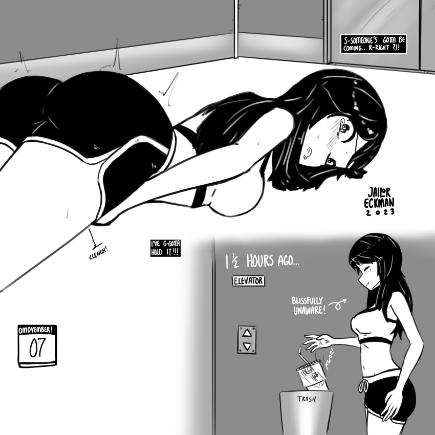 1girl 1girls ass black_hair blush breasts clenched_teeth dolphin_shorts elevator greyscale have_to_pee jailor_eckman large_ass long_hair original original_character shorts stuck_in_elevator tears trapped_in_elevator