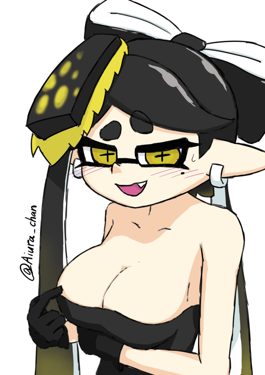 1girl aiura_chan arm_under_breasts big_breasts blush breasts callie_(alterna) callie_(splatoon) cleavage inkling nervous_sweat nintendo pointing_at_breasts smile splatoon splatoon_(series) splatoon_3 splatoon_3:_return_of_the_mammalians