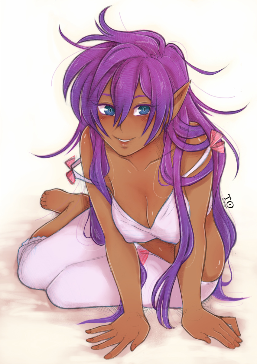 1girl alternate_costume alternate_hairstyle arabian_female arm_support bare_arms bare_shoulders barefoot blue_eyes blush breasts cleavage collarbone dark-skinned_female dark_skin female_only female_solo genie_girl grin hair_between_eyes lips long_hair looking_at_viewer medium_breasts messy_hair midriff parted_lips pointy_ears purple_hair shantae shantae_(character) sidelocks sitting smile tabletorgy very_long_hair