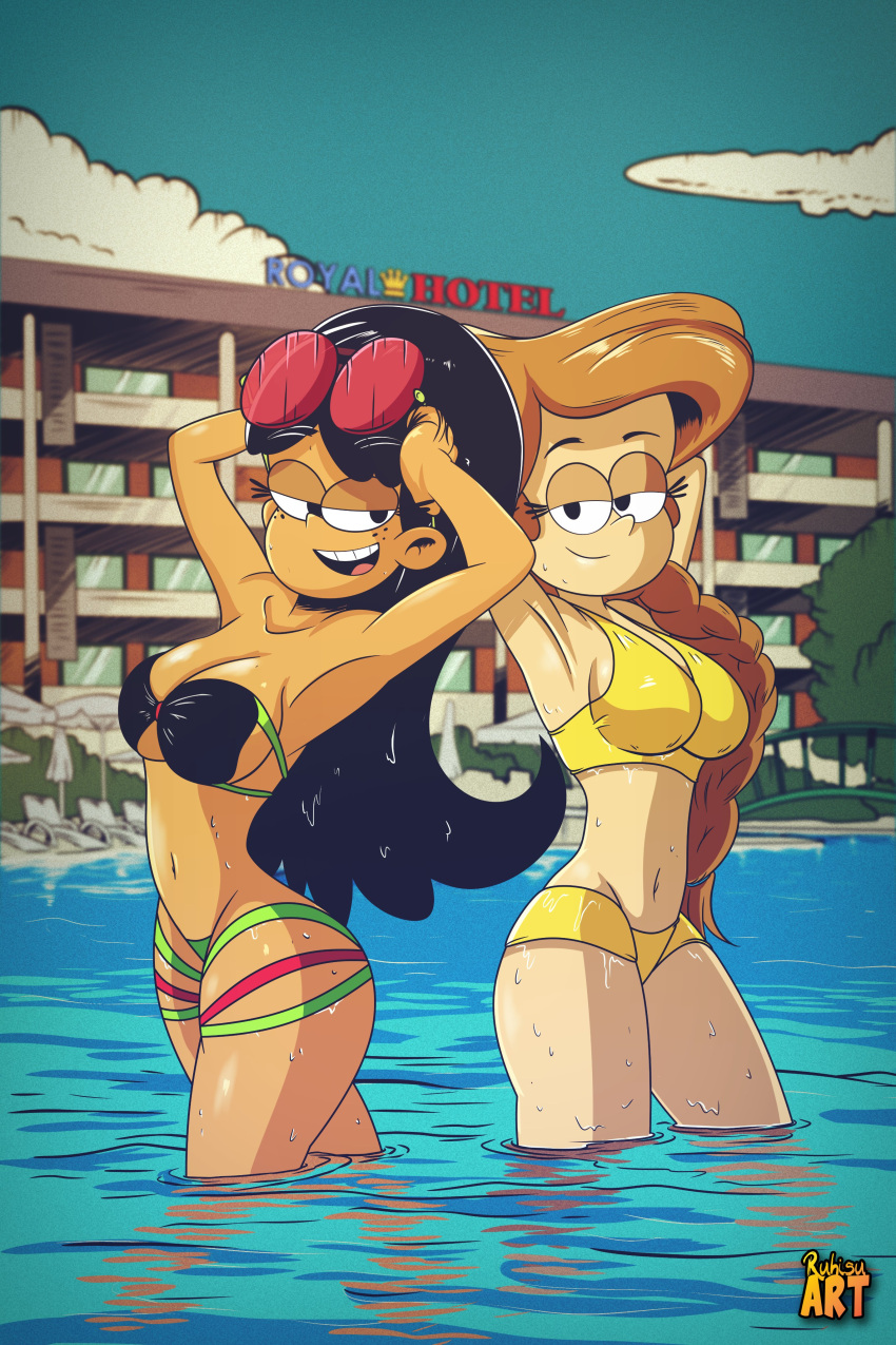 2girls aged_up armpits arms_behind_head arms_up big_breasts bikini black_eyes black_hair braid braided_hair breasts brown_hair cleavage dark-skinned_female dark_skin duo eyelashes eyewear_on_head female female_only freckles girl_jordan glasses_on_head half-closed_eyes hips hotel light-skinned_female light_skin long_hair looking_at_viewer midriff multiple_girls navel nickelodeon older open_mouth pose posing ruhisuart seductive seductive_smile small_waist smile stella_zhau sunglasses sunglasses_on_head swimsuit swimwear tan the_loud_house thick thick_thighs thighs thin_waist vacation water wet