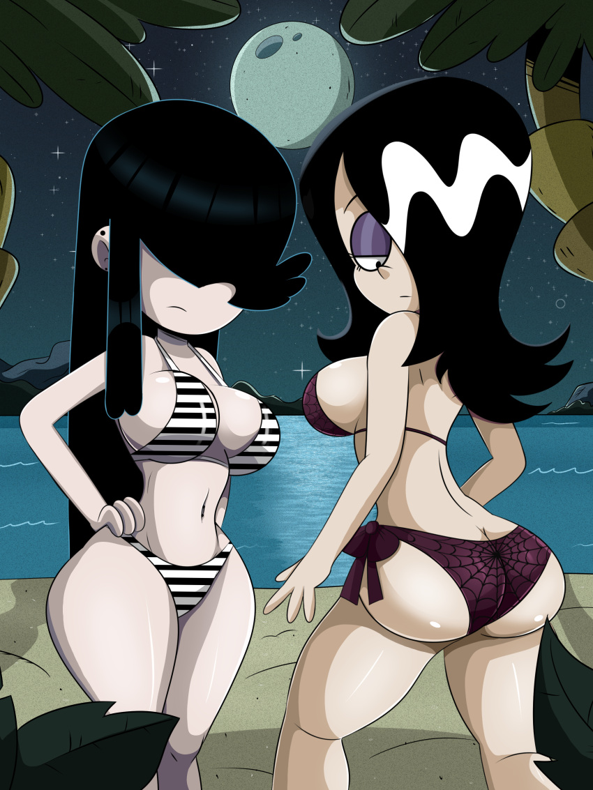 2girls aged_up ass ass_cleavage bangs big_ass big_breasts bikini black_hair breasts butt_crack duo duo_focus female female_only full_moon goth goth_girl grey_skin haiku_(the_loud_house) half-closed_eyes hand_on_hip island large_ass long_hair looking_down lucy_loud midriff moon multiple_girls navel navel_piercing nickelodeon night older outside pale-skinned_female pale_skin sand small_waist sonson-sensei striped_bikini swimsuit swimwear the_loud_house thick_thighs thighs thin_waist water