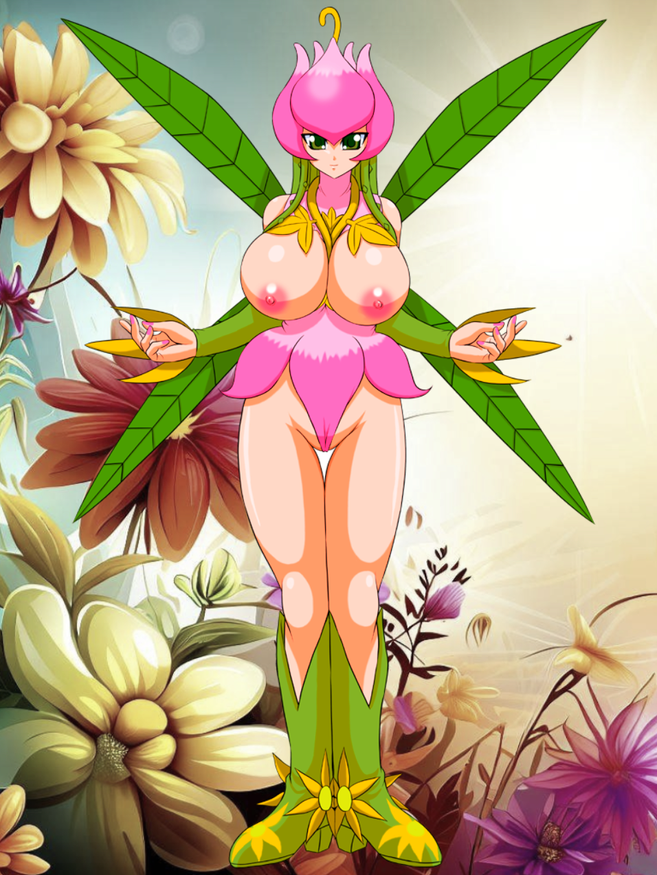 1girl big_breasts breasts cameltoe digimon digimon_adventure fairy female_focus glamour_works green_eyes leaf_wing lillymon looking_at_viewer nature nature_background nipples
