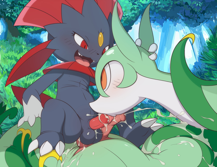 2boys anal anal_penetration anal_sex balls blush cum cum_in_ass cum_in_mouth cum_inside male male/male nintendo open_mouth oral oral_sex penis pokemon serperior sex tongue tongue_out tricksta weavile yaoi
