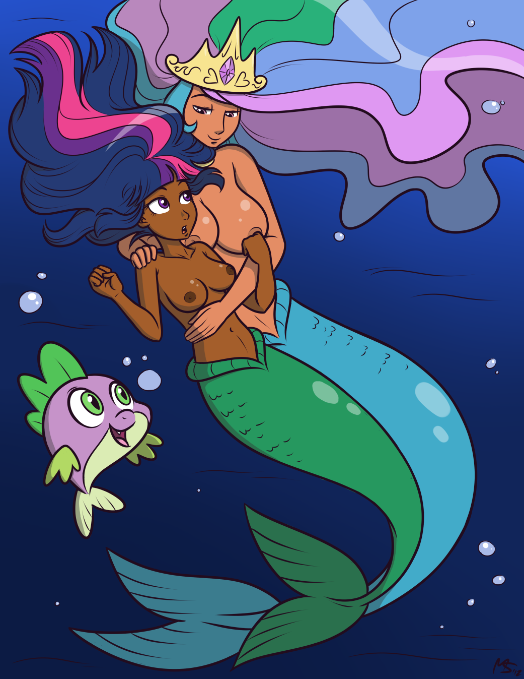 1boy 2girls anthro big_breasts blush breasts bubble crown dark-skinned_female dark_skin digital_media_(artwork) female feral fin fish fish_tail friendship_is_magic full-length_portrait green_eyes group hair hasbro headgear high_res humanized male marine megasweet merfolk mermaid multicolored_hair my_little_pony nude portrait princess_celestia princess_celestia_(mlp) purple_hair small_breasts spike spike_(mlp) split_form straight_hair twilight_sparkle twilight_sparkle_(mlp) two_tone_hair underwater water yuri