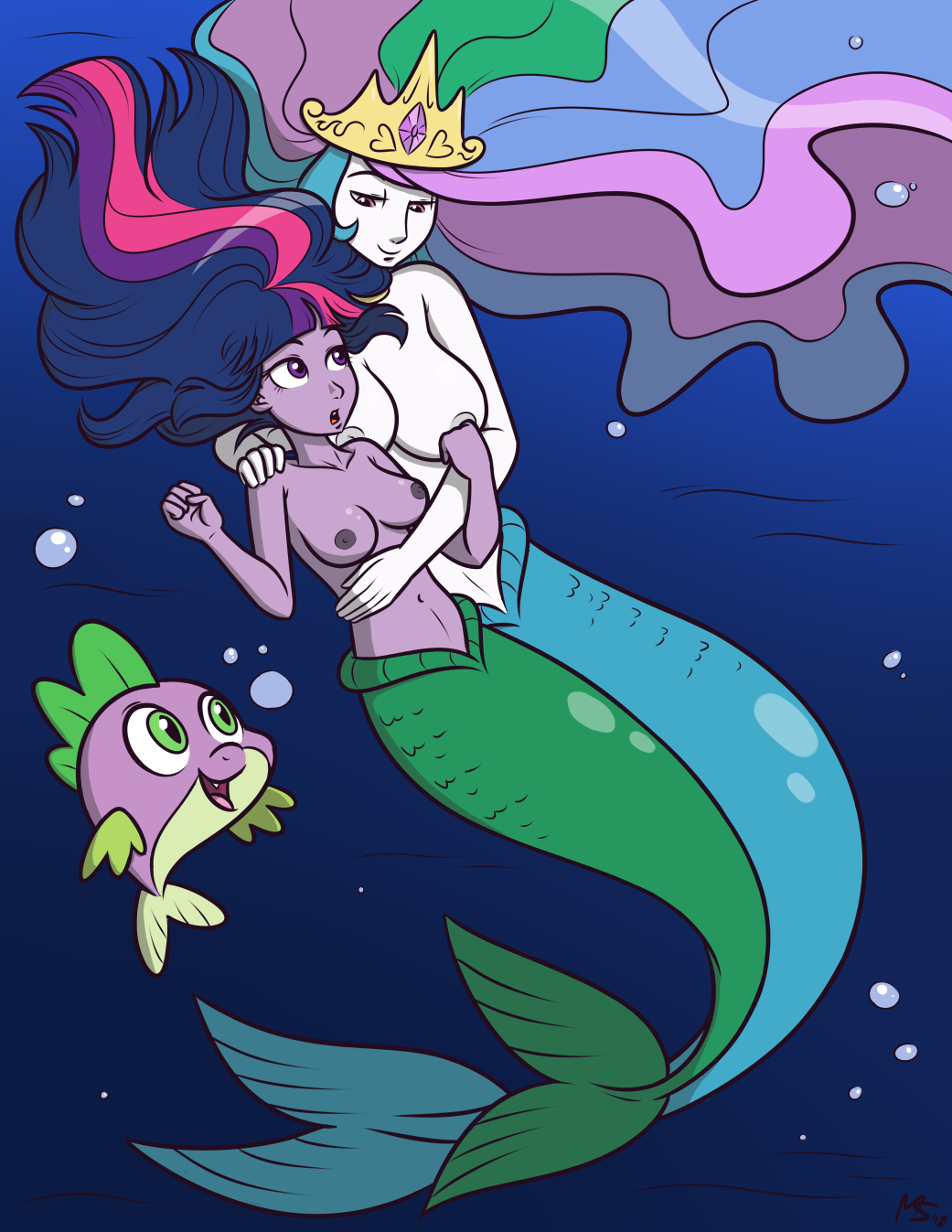 1boy 2girls anthro big_breasts blush breasts bubble crown digital_media_(artwork) female feral fin fish fish_tail friendship_is_magic full-length_portrait green_eyes group hair hasbro headgear high_res humanized male marine megasweet merfolk mermaid multicolored_hair my_little_pony nude portrait princess_celestia princess_celestia_(mlp) purple_hair small_breasts smooth_skin spike spike_(mlp) split_form twilight_sparkle twilight_sparkle_(mlp) two_tone_hair underwater water yuri