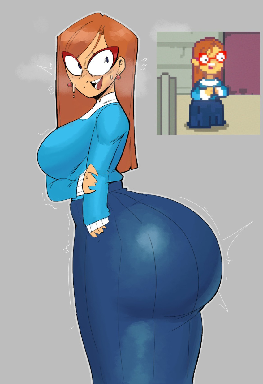 1girl 1girl 1girls ass ass_in_dress ass_in_skirt big_ass big_ass big_breasts big_breasts big_breasts black_eyes blue_dress blue_shirt boobs_and_butt_pose bra breasts brown_hair bubble_ass bubble_butt clothing dress ear_piercing earrings eyewear female_focus female_only garp_sand glasses hair huge_ass innocent kindergarten_(game) kindergarten_3 large_ass light-skinned_female light_skin long_hair mature mature_female milf motion_lines ms._lovelett nerd nervous_smile nervous_sweat panties pussy red_glasses reference_image shirt side_view sideass sideboob skirt smile solo_female solo_focus steam steamy steamy_breath sweat sweatdrop sweating sweaty teacher teacher_outfit