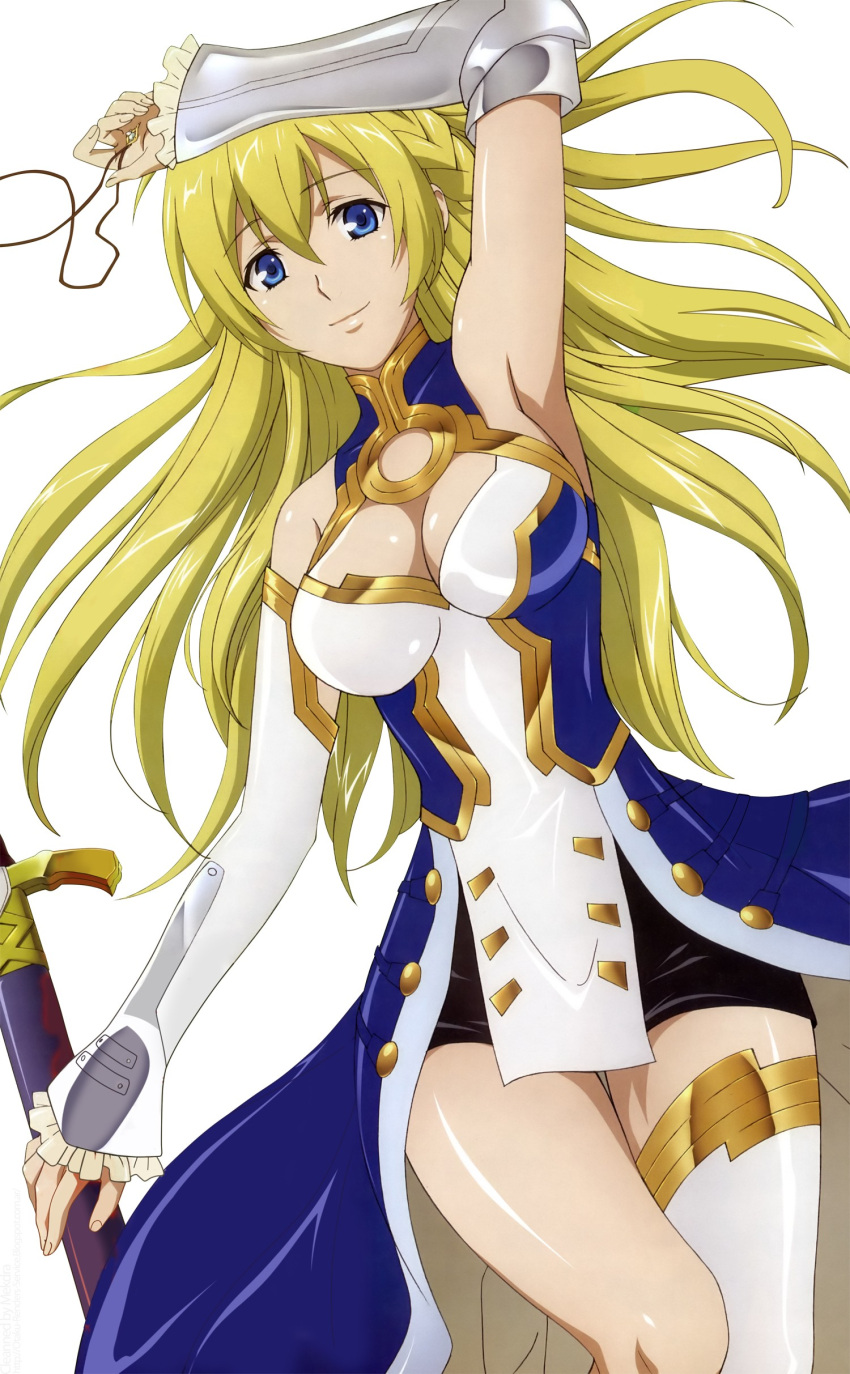 1girl arm_at_side arm_up armpits bare_shoulders big_breasts black_skirt blonde_female blonde_hair blue_dress blue_eyes braid breasts cleavage cleavage_cutout closed_mouth clothing_cutout detached_sleeves dress dutch_angle eyebrows_visible_through_hair female_only female_solo frilled_sleeves frills hair_between_eyes half_updo holding holding_sword holding_weapon jeanne_kaguya_d'arc legwear long_dress long_hair looking_at_viewer lying lying_on_back miniskirt multicolored_clothes multicolored_dress nobunaga_the_fool on_back ooshima_miwa ooshima_miwa_(artist) pencil_skirt sheath sheathed single_detached_sleeve single_thighhigh skirt sleeveless sleeveless_dress smile stockings straight_hair sword thighhighs tied_hair two-tone_dress very_long_hair weapon white_detached_sleeves white_dress white_legwear white_thighhighs