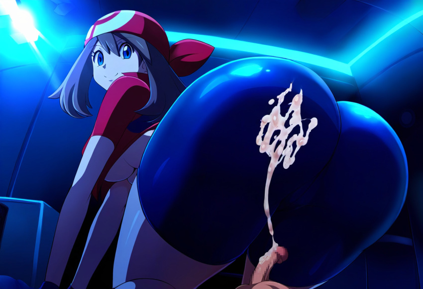 1boy 1girl ai_generated ass assjob big_ass booty_shorts breasts buttjob cum cum_on_ass ejaculation game_freak huge_ass may_(pokemon) nintendo penis_on_ass pokemon