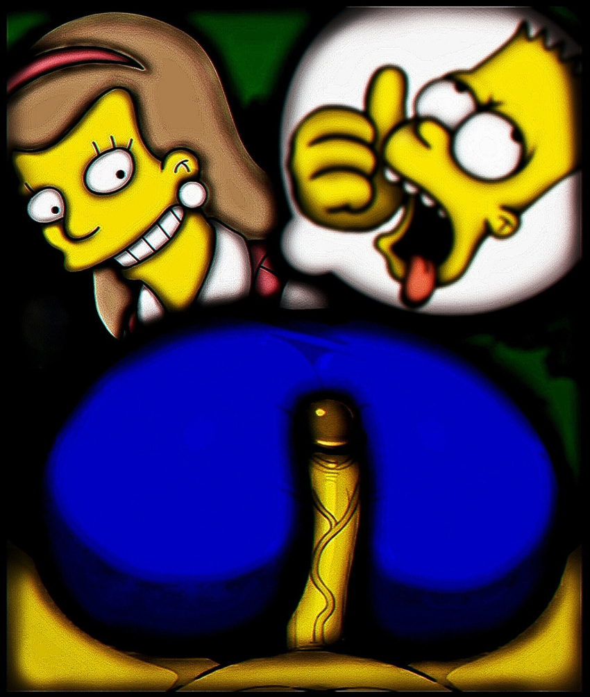 1girl 20th_century_fox 20th_century_studios accurate_art_style ahegao_face ass assjob background_character bart_simpson big_ass big_penis blue_dress blurry_background boner brown_hair buttjob clothed_female crossed_eyes dry_humping edit edited_screencap erections green_background hd headband long_penis naked_male nude_male_clothed_female older_female penis_in_ass penis_under_clothes pink_topwear quenley_woosterfield sitting_on_penis smaller_male speech_bubble the_simpsons thumbs_up white_earrings white_shirts wide_open_mouth yellow_body yellow_skin