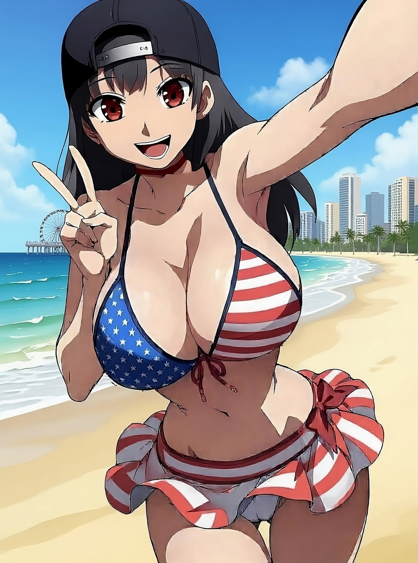 1girl 4th_of_july ai_generated american_flag_bikini backwards_hat big_breasts black_hair blush cleavage hat hourglass_figure long_hair original_character shirt_lift stars_and_stripes