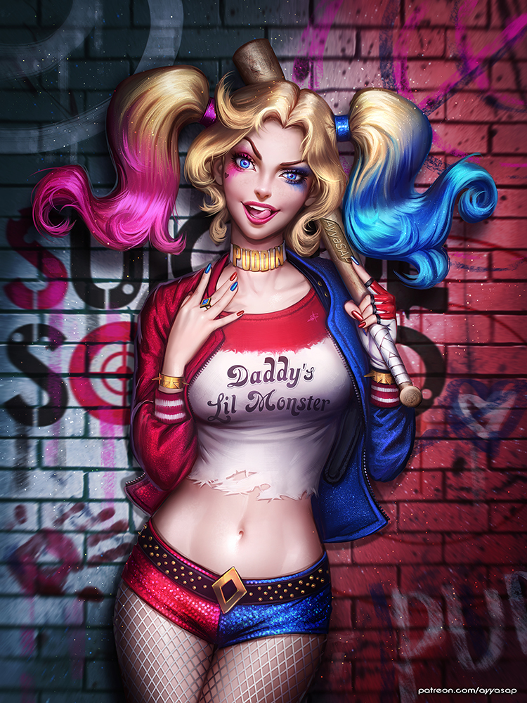 1girl against_wall asymmetrical_clothes asymmetrical_eyeshadow asymmetrical_hair_ornament ayyasap bangs bat_(object) batman_(series) belt big_breasts black_belt blonde_female blonde_hair blue_eyes blue_eyeshadow blue_nails bracelet breasts choker clown_girl collarbone dc_comics dcau eyeshadow female_only female_solo fingerless_gloves fishnet_legwear fishnet_pantyhose fishnets gloves gold_choker gradient gradient_hair hair_ornament hands_up harleen_quinzel harley_quinn head_tilt holding holding_bat holding_object holding_weapon jacket jewelry legs legs_together legwear light_blue_hair lipstick long_hair looking_at_viewer lower_teeth makeup medium_breasts midriff minishorts multicolored_clothes multicolored_hair multicolored_jacket multicolored_nails multicolored_shorts nail_polish naughty_face navel neck open_clothes open_jacket open_mouth outside pantyhose parted_bangs pink_eyeshadow pink_hair pink_lipstick red_nails ring round_teeth shadow shirt short_shorts shorts single_glove smile spiked_bracelet spikes standing suicide_squad supervillainess teeth thighs three-tone_hair tied_hair tongue tongue_out twin_tails two-tone_jacket two-tone_shorts upper_teeth villainess weapon yellow_choker