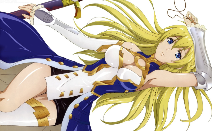 1girl arm_at_side arm_up armpits bare_shoulders big_breasts black_skirt blonde_female blonde_hair blue_dress blue_eyes braid breasts cleavage cleavage_cutout closed_mouth clothing_cutout detached_sleeves dress eyebrows_visible_through_hair female_only female_solo frilled_sleeves frills hair_between_eyes half_updo holding holding_sword holding_weapon jeanne_kaguya_d'arc legwear long_dress long_hair looking_at_viewer lying lying_on_back miniskirt multicolored_clothes multicolored_dress nobunaga_the_fool on_back ooshima_miwa ooshima_miwa_(artist) pencil_skirt sheath sheathed single_detached_sleeve single_thighhigh skirt sleeveless sleeveless_dress smile stockings straight_hair sword thighhighs tied_hair two-tone_dress very_long_hair weapon white_detached_sleeves white_dress white_legwear white_thighhighs