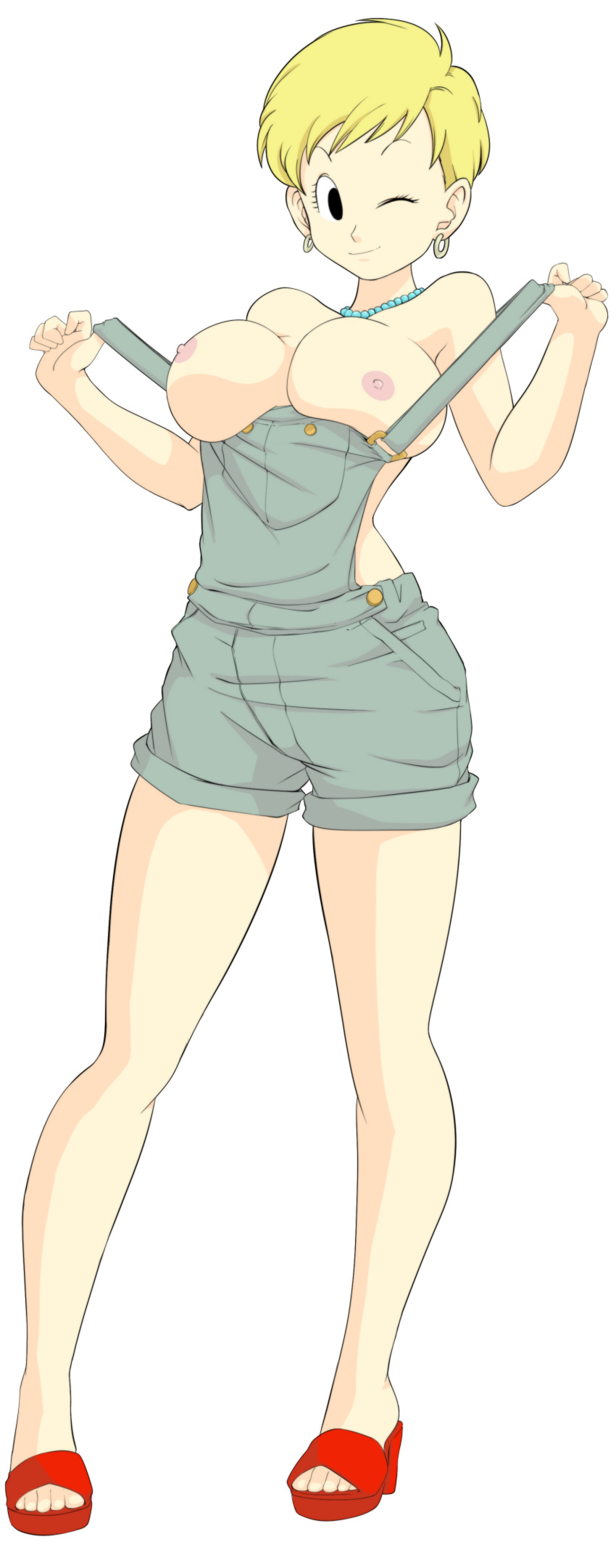 1girl big_breasts blonde_hair breasts caisama dragon_ball dragon_ball_super dragon_ball_z earrings erasa erasa_(dragon_ball_z) jewelry nipples one_eye_closed short_hair smile tights_(dragon_ball) winking_at_viewer