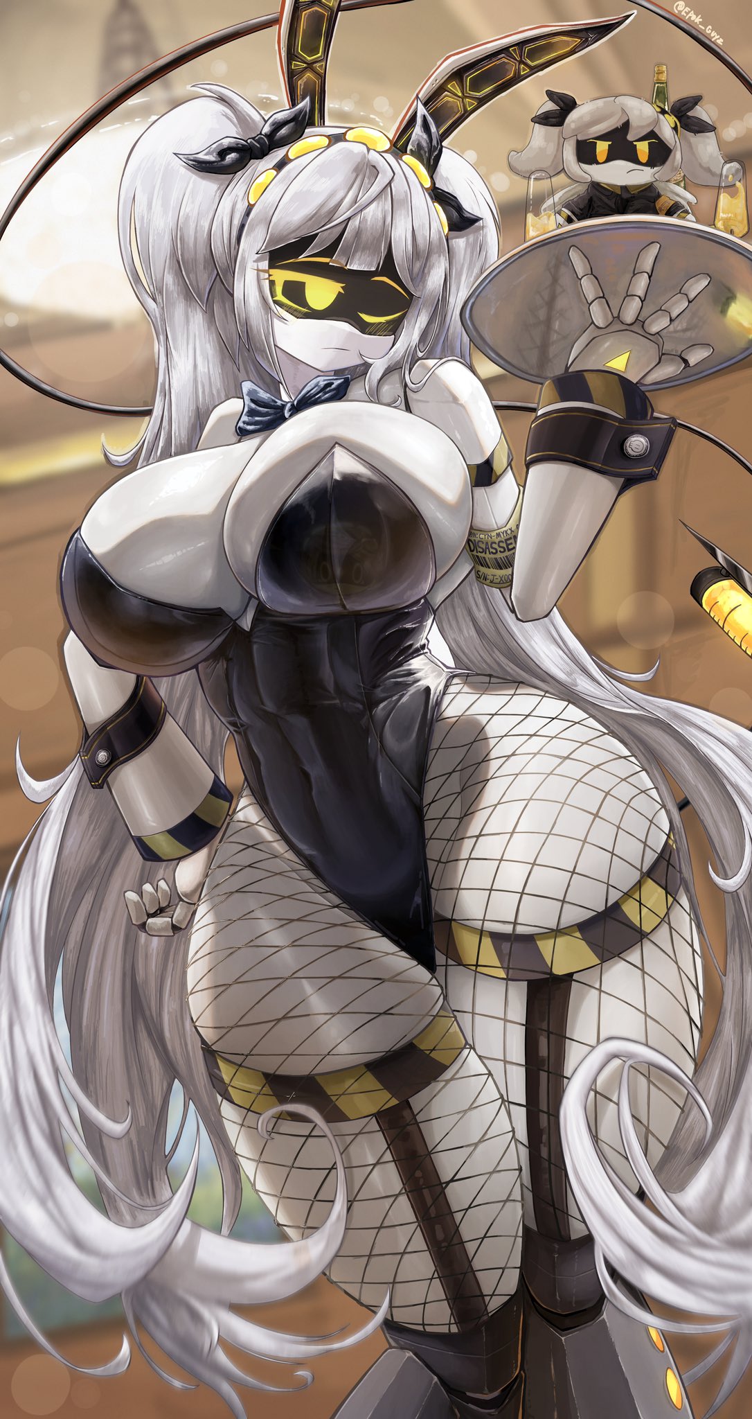 1girl big_breasts breasts bunny_ears bunnysuit drone epokguyz female female_only fishnets glitch_productions j_(murder_drones) long_hair murder_drones one_eye_closed plushie small_waist solo wide_hips
