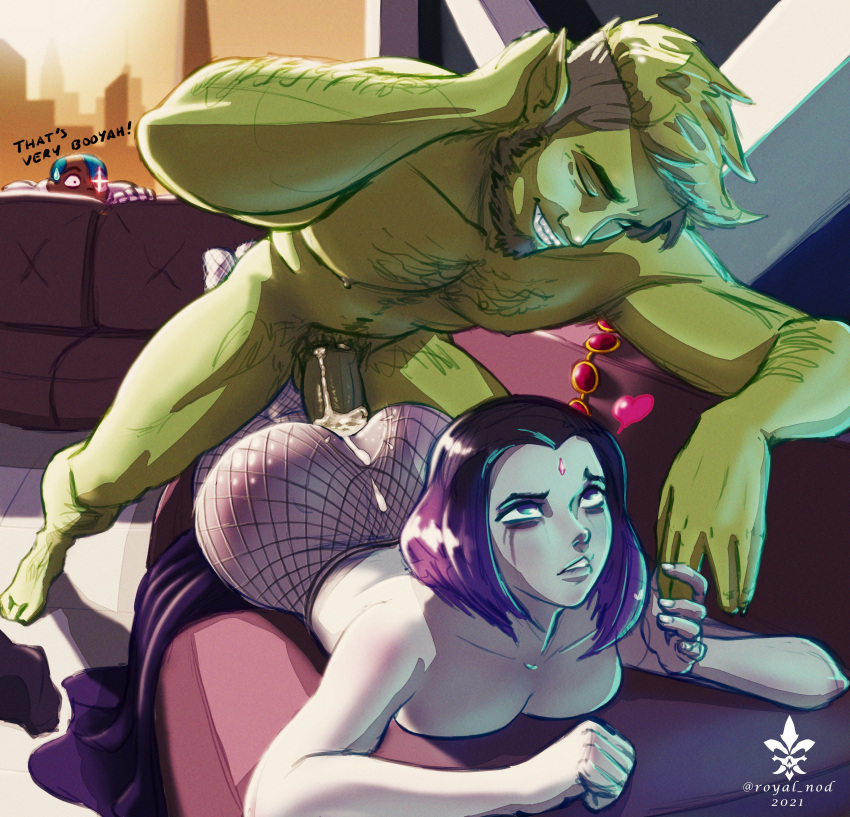 1girl 1girl 2boys absurd_res alternate_hairstyle alternate_legwear anal arm_hair ass beard beast_boy belt belt_removed biting biting_lip boy_on_top breasts chest_hair closed_eyes clothed_female_nude_male clothes_on_floor colored_skin couch couple cum cum_in_ass cum_on_ass cyborg dark_skin dc_comics english_commentary english_text facial_hair female_penetrated fingernails fishnet_legwear fishnets forehead_jewel full_body green_hair green_skin grey_skin grin happy_sex heart high_res holding_hands indoors large_penis legs_together light-skinned_female light_skin looking_at_another looking_up lying male_pubic_hair medium_breasts multiple_boys muscular muscular_male narrow_waist nude older on_stomach overflow pantyhose pectorals peeping penetration penis pubic_hair purple_eyes purple_hair raven_(dc) rolling_eyes royal_nod runny_makeup sex short_hair sideburns smile straight teen_titans teeth topless torn_clothes torn_legwear uncensored veins veiny_penis wide_hips