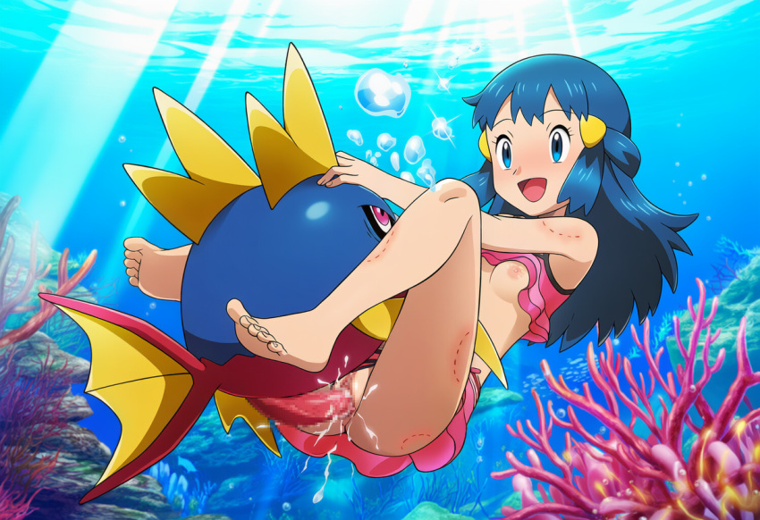 1boy 1girl accurate_art_style ai_generated bite_mark blue_eyes blue_hair breasts breasts_out carvanha coral cum cum_in_pussy cum_inside dawn_(pokemon) ejaculation exposed_pussy female functionally_nude iaslop male nintendo pink_swimsuit pokemon pokemon_dppt pokephilia pussy sex smile swimsuit swimsuit_aside underwater underwater_sex water