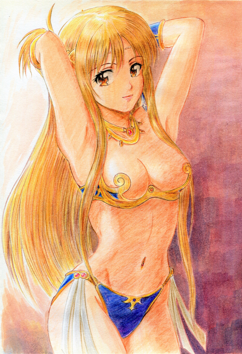 1girl alternate_costume arabian_clothes armpits arms_up asuna_(sao) asuna_yuuki bare_arms bare_shoulders bikini blue_bikini blue_swimsuit bracer braid breasts cleavage closed_mouth eyebrows_hidden_by_hair female_only female_solo hair_between_eyes half_updo harem_outfit isao_outaki isao_outaki_(artist) jewelry light_brown_hair lips lipstick long_hair looking_at_viewer makeup medium_breasts midriff navel neck necklace orange_eyes pink_lipstick revealing_clothes sidelocks smile standing straight_hair strapless strapless_bikini strapless_swimsuit swimsuit sword_art_online yuuki_asuna