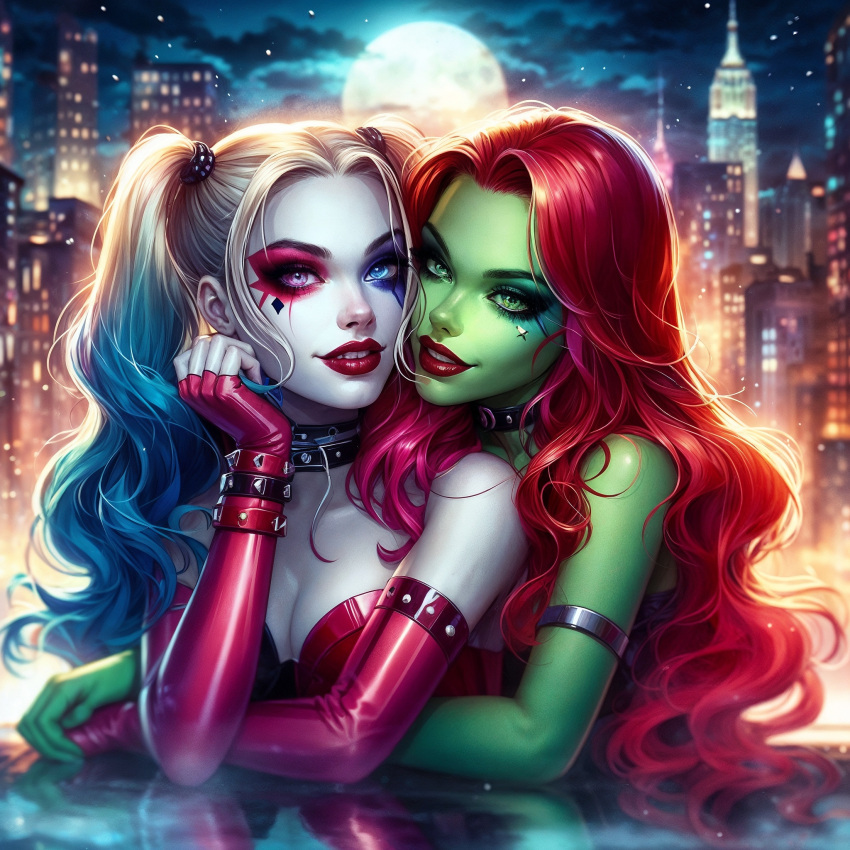 2_girls alternate_costume arm_rest arm_support armlet asymmetrical_eyeshadow bangs bare_shoulders batman_(series) black_collar blonde_female blonde_hair blue_eyes blue_eyeshadow blurry blurry_background bracelet breasts building city cityscape cleavage clenched_hand cloud clown_girl collar collarbone couple dc_comics dcau duo elbow_gloves eyeshadow facial_mark female/female female_only fingerless_gloves full_moon gloves gradient gradient_hair green_eyes green_skin grin harleen_quinzel harley_quinn head_rest head_tilt heterochromia holding_hands hug_from_behind hugging hugging_from_behind incipient_kiss jewelry light_blue_hair lips lipstick long_hair looking_at_viewer love makeup medium_breasts moon multicolored_hair multiple_girls mutual_yuri naughty_face neck night night_sky outside pamela_isley parted_bangs parted_lips pink_eyes pink_eyeshadow pink_gloves pink_hair poison_ivy red_hair red_lipstick reflection romantic romantic_couple rooftop sky smile spiked_bracelet spikes strapless supervillainess three-tone_hair upper_body very_long_hair villainess wavy_hair white_skin wildstrings wildstrings_(artist) yuri