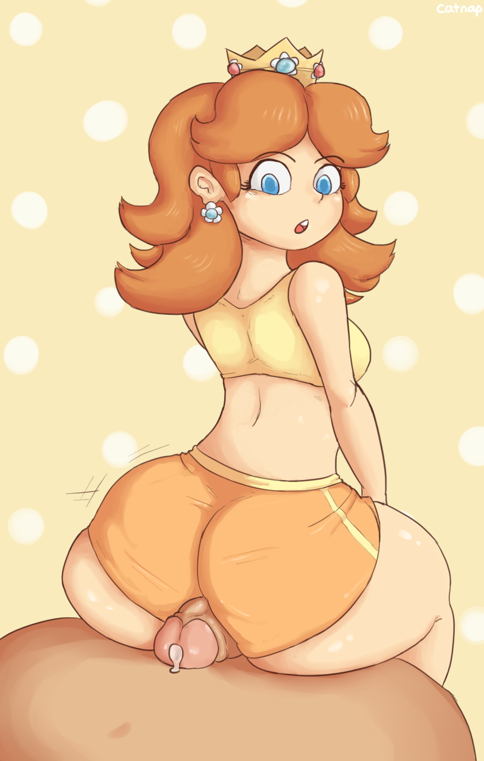 1boy 1girl ass assjob big_ass booty_shorts breasts buttjob catnapstar dolphin_shorts erection hotdogging huge_ass mario_(series) nintendo penis_between_ass penis_on_ass princess_daisy