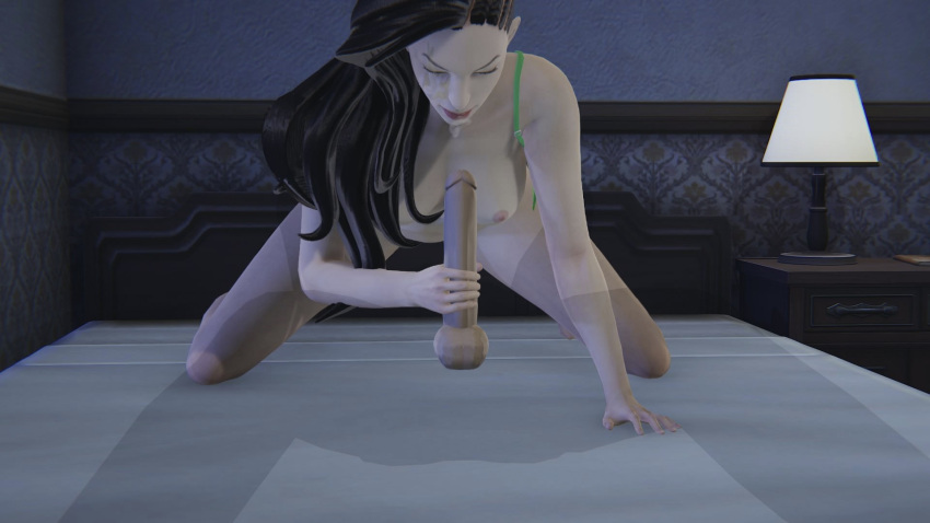 16:9 16:9_aspect_ratio 1boy1girl 1girl1boy 3d black_hair breasts breasts breasts closed_eyes cum cum_on_face cumshot erect_nipples facial female_focus indoors laura_matsuda long_hair nipples on_bed penis penis_grab semen_on_face street_fighter testicle transparent_male video_game video_game_character video_game_franchise