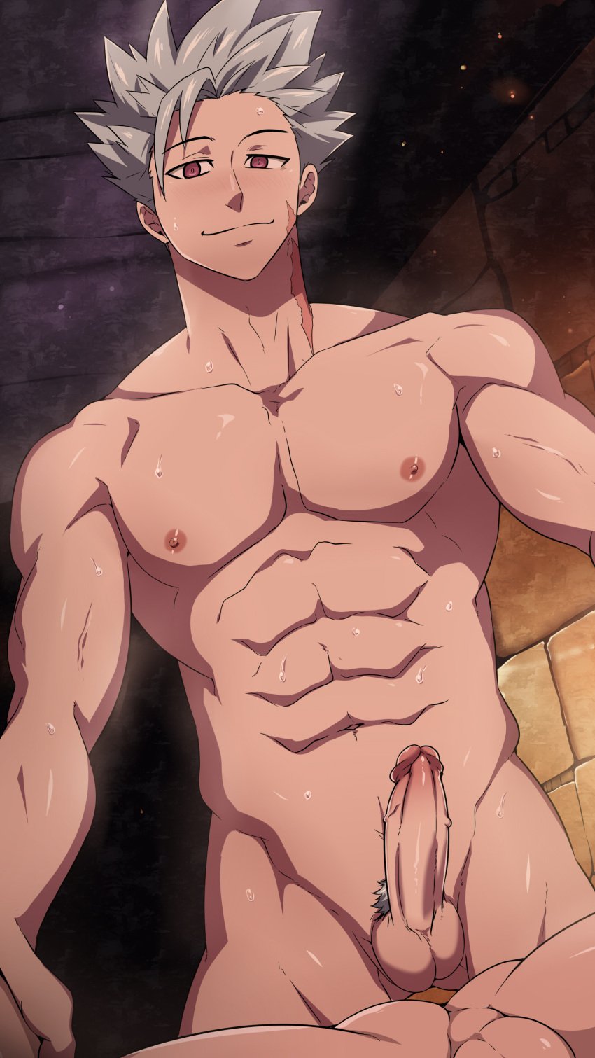 1boy ban_(nanatsu_no_taizai) erect_penis erection male male_focus male_nipples male_only mazjojo muscular muscular_male nanatsu_no_taizai nipples penis