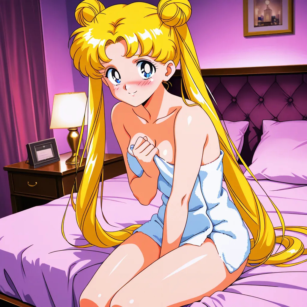 1girl adult_swim alluring bare_legs bedroom big_breasts bishoujo_senshi_sailor_moon bishoujo_senshi_sailor_moon_r bishoujo_senshi_sailor_moon_r_the_movie bishoujo_senshi_sailor_moon_s bishoujo_senshi_sailor_moon_s_the_movie bishoujo_senshi_sailor_moon_supers bishoujo_senshi_sailor_moon_supers_the_movie blonde_hair blue_eyes cleavage naked_towel on_bed pin_up red_dream_(artist) solo toei_animation toonami towel_only usagi_tsukino