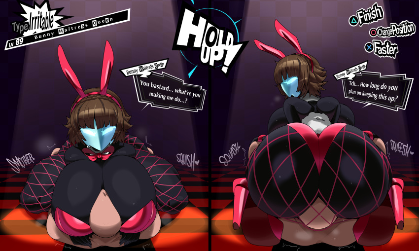 1boy 1girl ass big_ass big_breasts big_breasts big_breasts black_body breasts brown_hair bubble_butt bunny_ears bunny_tail bunny_waitress bunnysuit captain_kirb cleavage clothing dialogue facesitting fat_ass fishnet_legwear fishnets high_heels huge_ass huge_breasts large_ass makoto_niijima male massive_ass nude persona persona_5 shoes sitting sitting_on_face sitting_on_person smothering smothering_ass text thick_ass thick_thighs thunder_thighs wide_hips