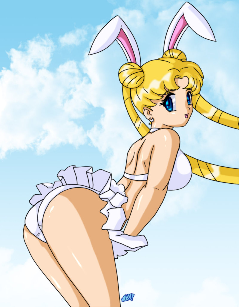 1990s_(style) 1girl adult_swim alluring animal_ears arched_back ass bishoujo_senshi_sailor_moon bishoujo_senshi_sailor_moon_r bishoujo_senshi_sailor_moon_r_the_movie bishoujo_senshi_sailor_moon_s bishoujo_senshi_sailor_moon_s_the_movie bishoujo_senshi_sailor_moon_supers bishoujo_senshi_sailor_moon_supers_the_movie blonde_hair blue_eyes cloud desingahv earrings female_focus jewelry leaning_forward looking_back medium_breasts outside pleated_skirt rabbit_ears retro_artstyle sailor_moon skindentation skirt sky smile toei_animation toonami twin_tails usagi_tsukino