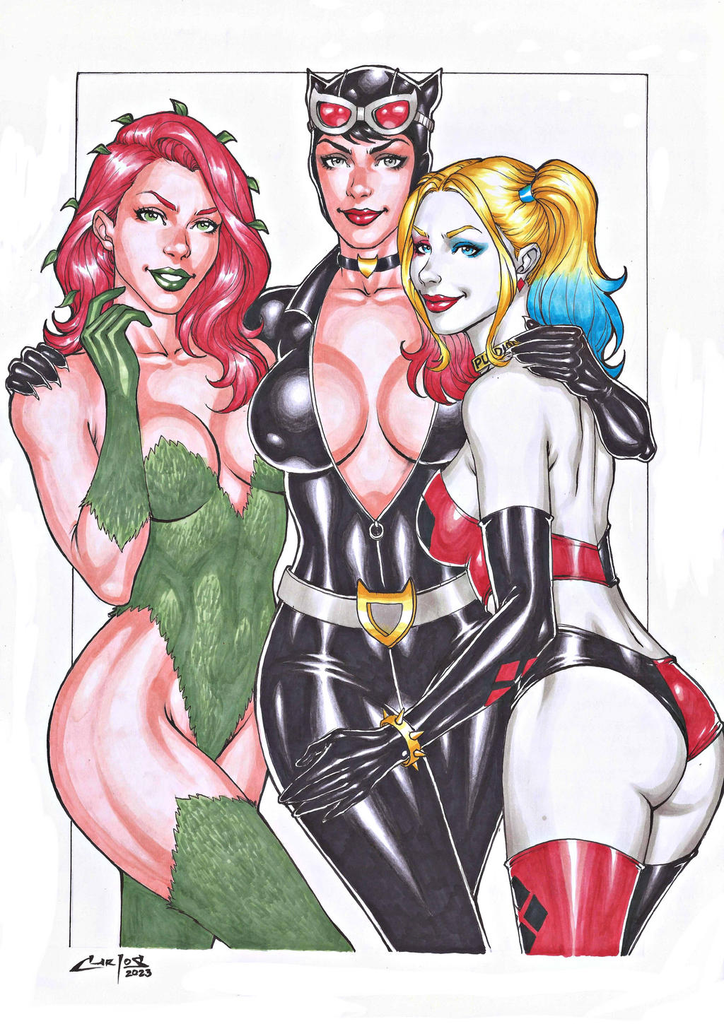 3_girls ass asymmetrical_eyeshadow back bangs bare_back bare_shoulders batman_(series) belt big_ass big_breasts black_bodysuit black_choker black_gloves black_hair black_legwear black_thighhighs blonde_female blonde_hair blue_eyes blue_eyeshadow bodysuit bracelet breasts carlos_braga catwoman cleavage clown_girl collarbone corset crossed_legs crossed_legs_(standing) dc_comics dcau earrings elbow_gloves eyeshadow female/female/female female_only gloves goggles goggles_on_head gold_choker gradient gradient_hair green_eyes green_gloves green_legwear green_leotard green_lipstick green_thighhighs grey_belt grey_eyes grin group group_hug hand_up harleen_quinzel harley_quinn jewelry legs legs_together legwear leotard light_blue_hair long_hair looking_at_viewer looking_back love medium_breasts mound_of_venus multicolored_clothes multicolored_corset multicolored_hair multicolored_panties multicolored_underwear multiple_girls mutual_yuri naughty_face neck necklace open_bodysuit open_clothes pamela_isley panties parted_bangs parted_lips pink_eyeshadow plant_girl poison_ivy red_earrings red_hair red_legwear red_lips red_thighhighs romantic selina_kyle sideboob simple_background smile spiked_bracelet spikes standing stockings strapless strapless_leotard supervillainess thighs three-tone_hair tied_hair trio twin_tails two-tone_corset two-tone_panties underwear villainess white_background yellow_choker yuri