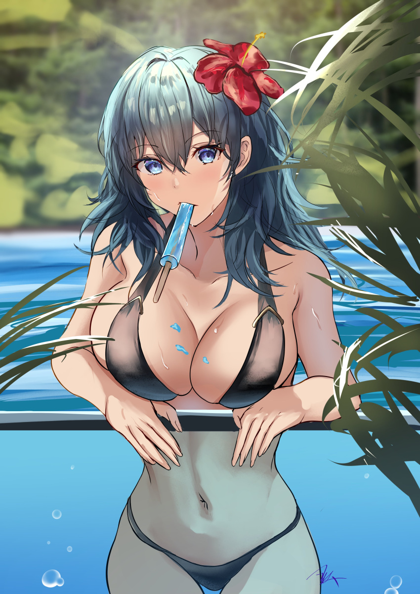 1girl 1girl 1girl absurd_res alluring arerex bare_shoulders big_breasts bikini black_bikini blue_eyes blush byleth_(fire_emblem) byleth_(fire_emblem)_(female) cleavage collarbone fire_emblem fire_emblem:_three_houses fire_emblem_heroes flower food food_in_mouth hair_flower hair_ornament hibiscus high_res intelligent_systems long_hair looking_at_viewer navel nintendo official_alternate_costume outside pool popsicle popsicle_in_mouth red_flower stomach swimming_pool swimsuit teal_hair