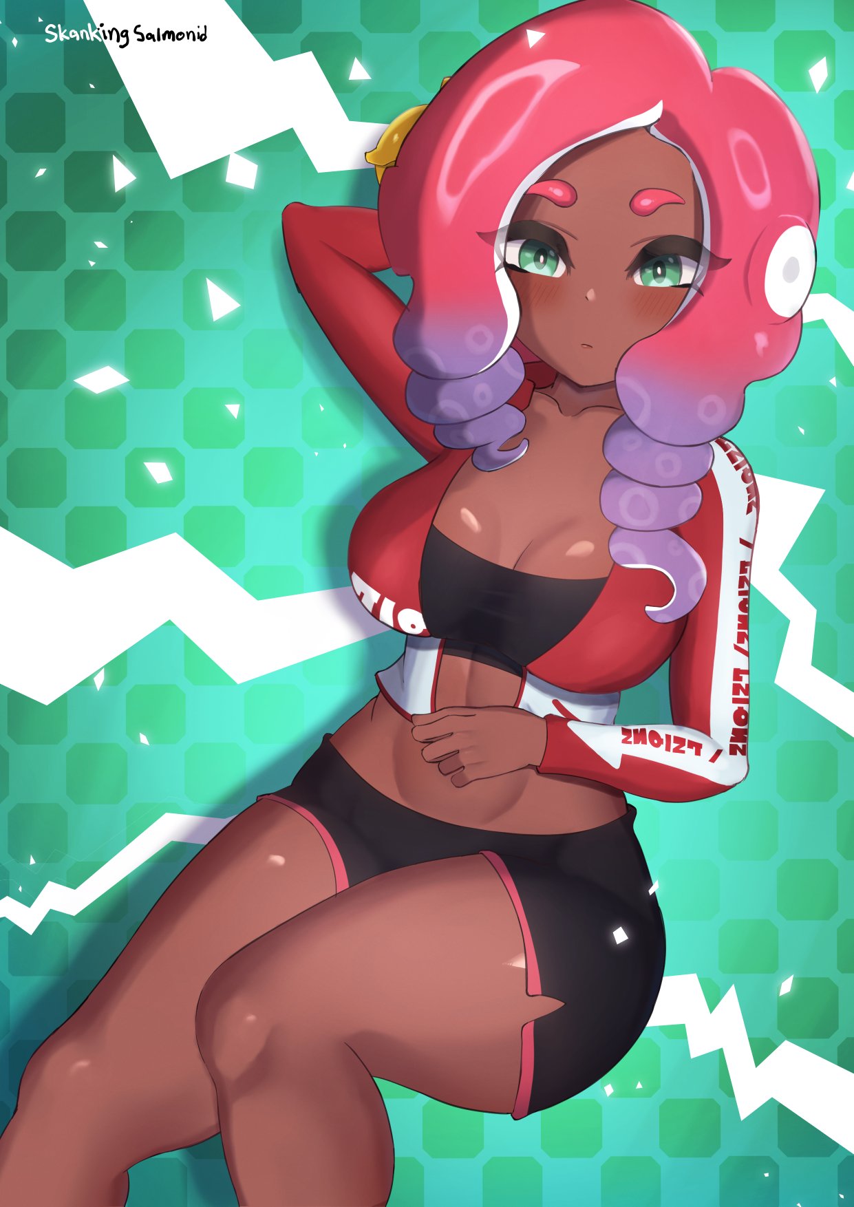 1girl 1girl 1girls artist_name big_breasts breasts cleavage curly_hair dolphin_shorts golden_toothpick_(splatoon_2) green_eyes jacket jacket_open long_sleeves looking_at_viewer nintendo octoling octoling_girl one_arm_behind_head open_jacket original_character shell_(retrogamerwren) shiny_skin shorts skankingsalmonid solo_female solo_focus splatoon splatoon_2 tentacle_hair thick_thighs thighs two_tone_hair