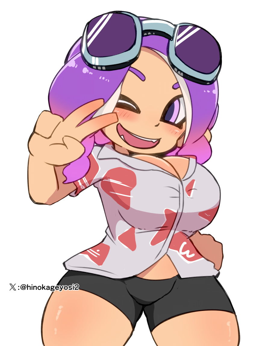 1girl 1girl 1girls artist_signature big_breasts breasts cleavage goggles hourglass_figure light_skin looking_at_viewer makino_nono nintendo octoling octoling_girl peace_sign pink_eyes purple_hair retro_(octoling) shirt shorts smile splatoon splatoon_(series) teeth thick_thighs thighs wink winking_at_viewer