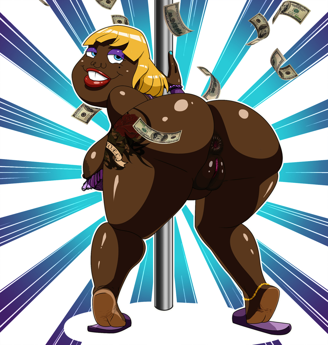 1girl 1girl anus areola ass bbw bebe's_kids big_breasts blonde_hair blue_eyes breasts dark-skinned_female dark_skin female_only huge_ass lawgick looking_back money nipples nude nude_female nudity puffy_anus pussy sideboob slippers smile stripper_pole tagme thick_thighs ugly_female vivian_(bebe's_kids) vulva