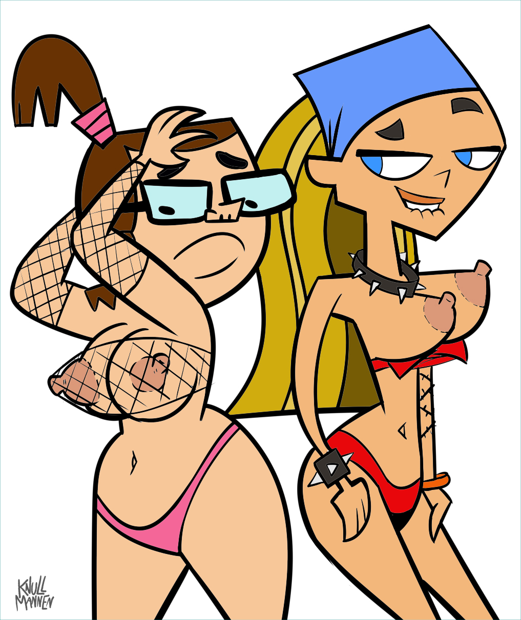 1girl 2_girls 2d bandana beth_(tdi) big_breasts biting_lip black_and_white blonde_hair breasts brown_hair choker collar color colored edit female_focus female_only fishnets glasses hourglass_figure human human_only knullmannen lindsay_(tdi) line_art lingerie nipples skimpy skimpy_clothes spiked_collar total_drama_island white_background wide_hips wrist_cuffs
