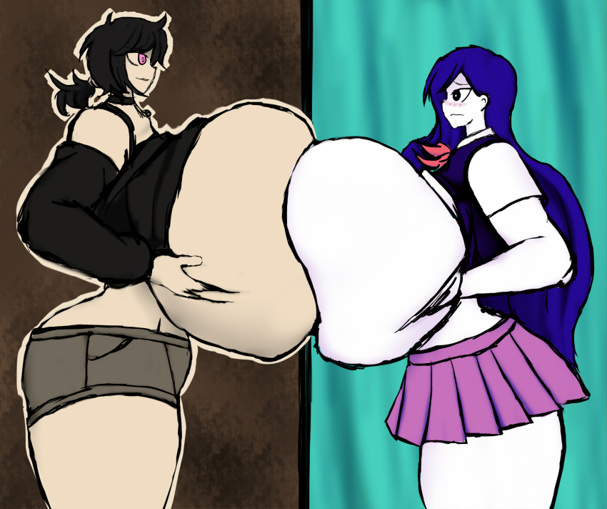 1girl 2_girls ashley_graves big_breasts black_eyes black_hair blue_hair blush blush_lines breasts breasts_bigger_than_head clothed_female crossover huge_breasts hyper_breasts lifted_shirt long_hair mari_(omori) multiple_girls necrobern omori pink_eyes ponytail pressing_breasts shorts skirt the_coffin_of_andy_and_leyley thick_thighs thighs
