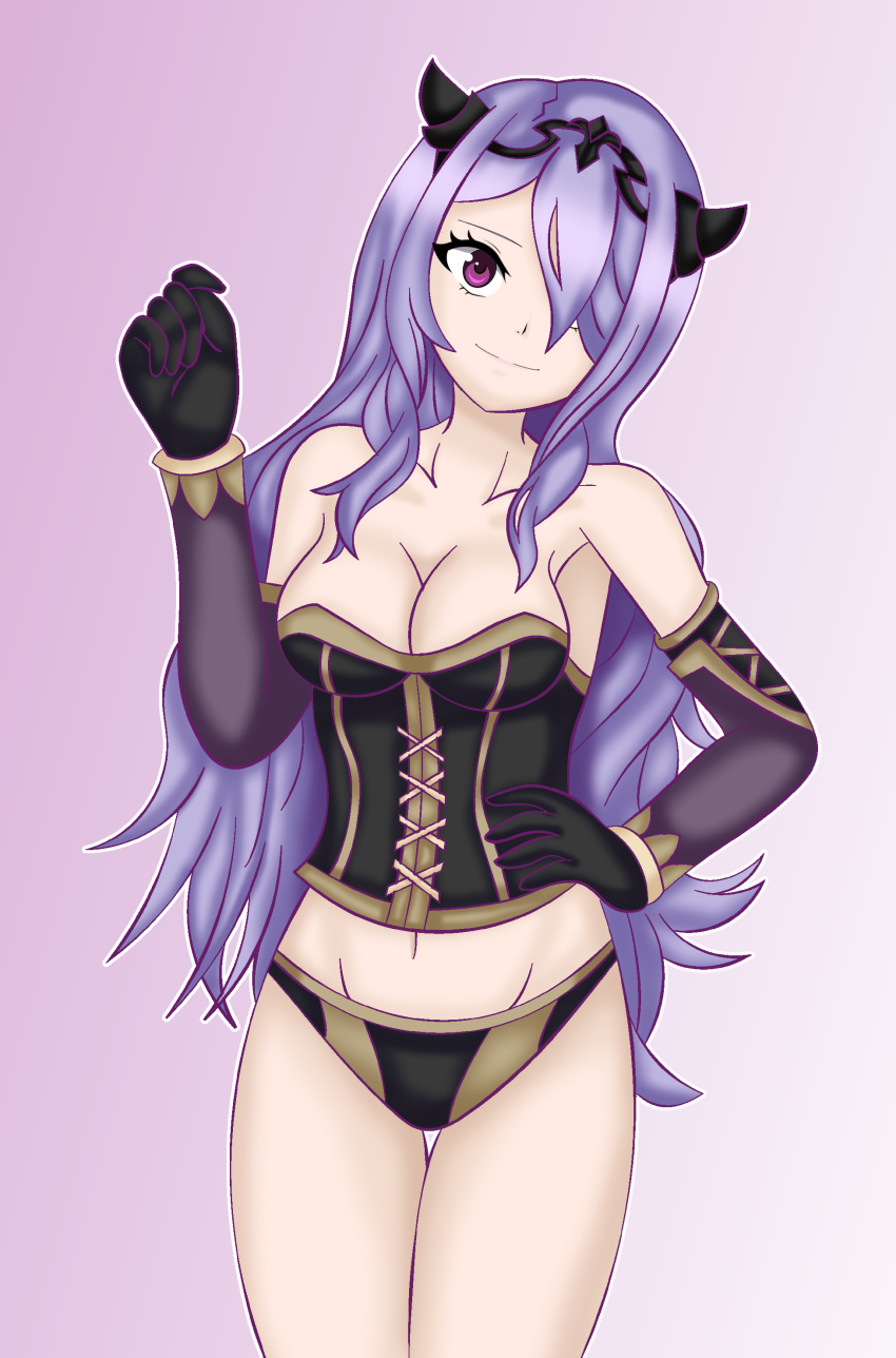 1girl absurd_res alluring arm_guards asymmetrical_bangs big_breasts black_corset black_gloves black_panties camilla_(fire_emblem) clenched_hands collarbone corset curvy elbow_gloves eyelashes facing_viewer fake_horns female_focus fire_emblem fire_emblem_fates fire_emblem_warriors gloves gradient_background groin hair_ornament hair_over_one_eye hand_on_own_hip hand_up head_tilt high_res horns intelligent_systems legs lingerie long_hair matching_hair/eyes matching_underwear midriff navel neck nintendo official_alternate_costume official_underwear panties printed_panties purple_eyes purple_hair seductive_smile sidelocks smile sonicheroxd standing strapless thigh_gap thighs thong tiara tight_clothes underwear underwear_only wavy_hair