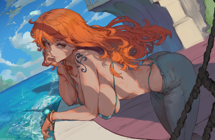 1girl absurd_res alternate_breast_size arm_tattoo artist_name ass ass_cleavage ass_crack big_breasts bikini bracelet breasts butt_crack curvy cutesexyrobutts female female_focus female_only high_res horny huge_breasts jeans leaning_forward long_hair looking_at_viewer nami_(one_piece) ocean one_piece orange-haired_female orange_eyes orange_hair pants post-timeskip sagging_breasts sideboob signature solo solo_female striped_bikini swimsuit tattoo thong tight_clothing tight_jeans tight_pants water